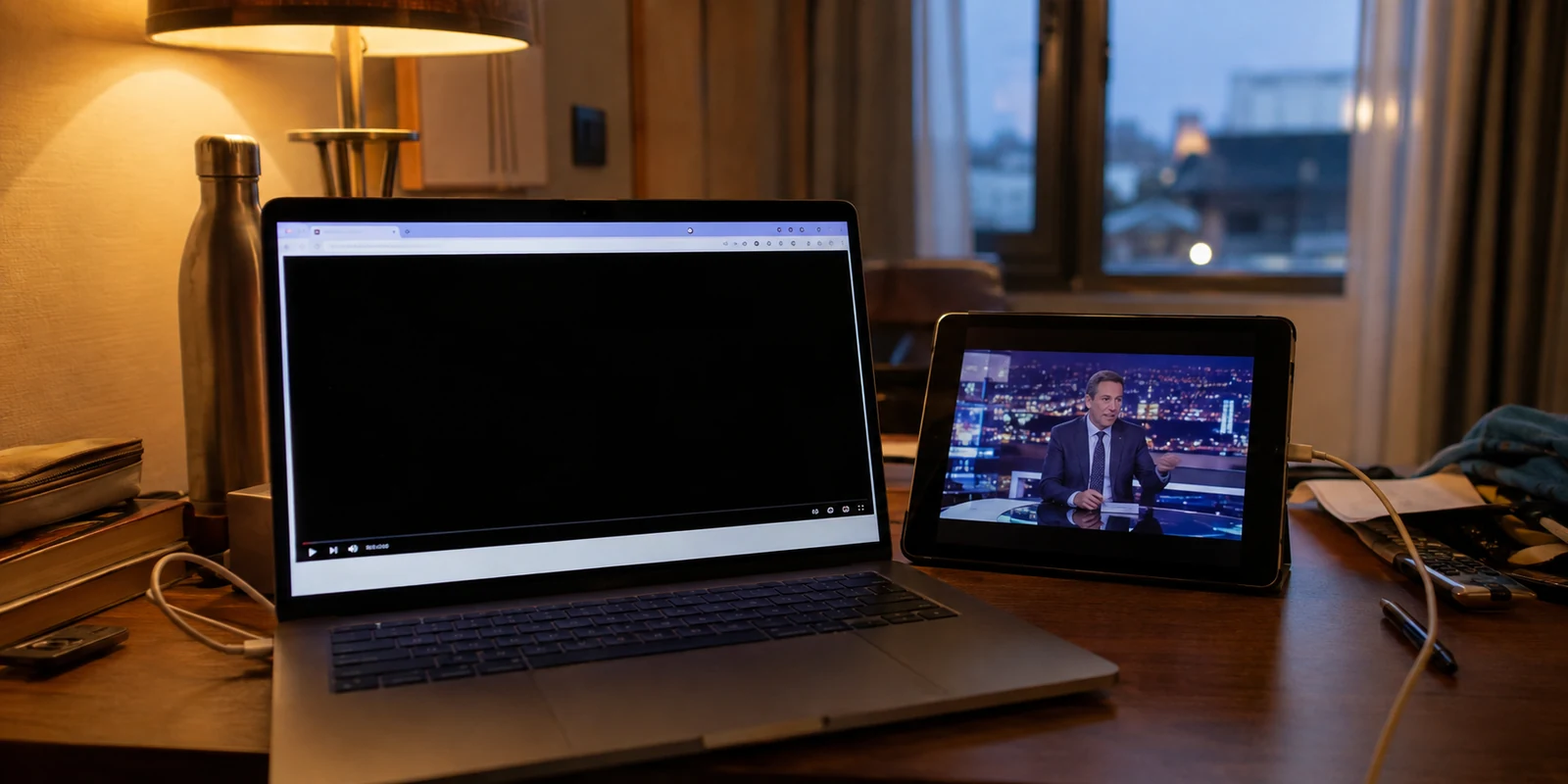 Ein Laptop mit schwarzem Videofenster neben einem Tablet, auf dem eine Sendung läuft