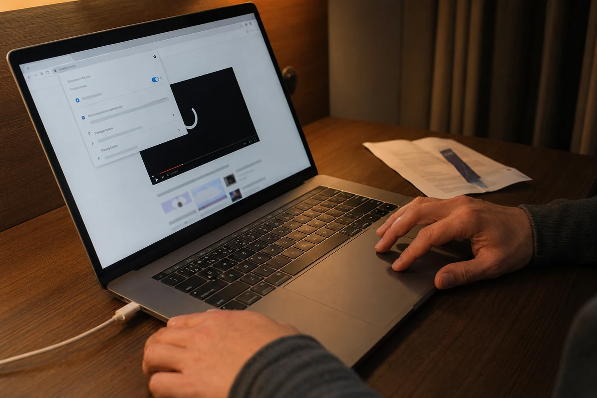 Browser-Einstellungen und ein stockender Videoplayer auf einem Laptop
