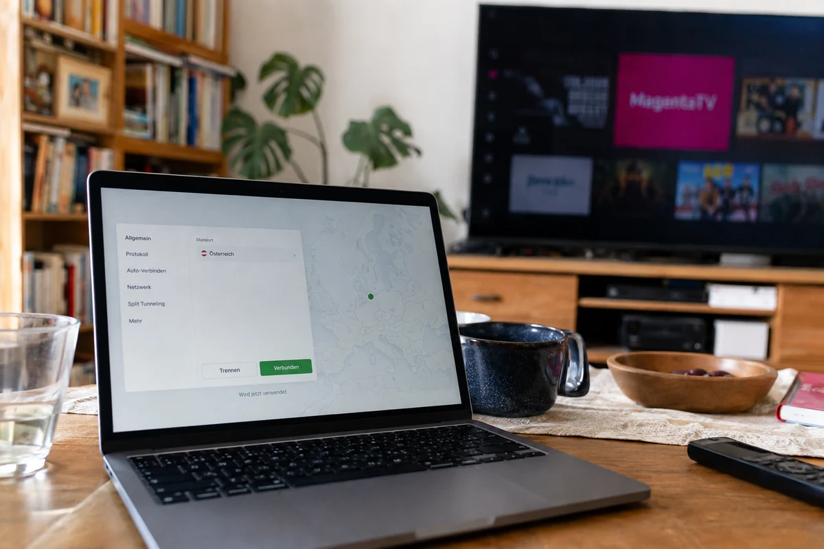 Laptop mit österreichischer VPN-Verbindung vor einem Fernseher mit unverändertem MagentaTV-App-Katalog