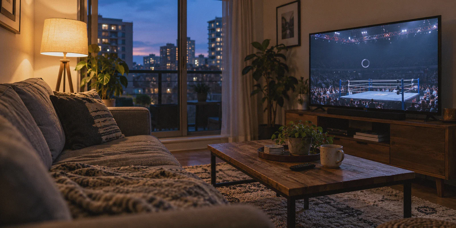A wrestling broadcast buffers on a living-room television.