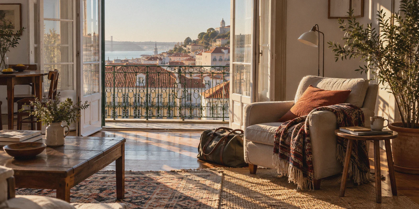 Sunlit Lisbon apartment with travel luggage beside an armchair.
