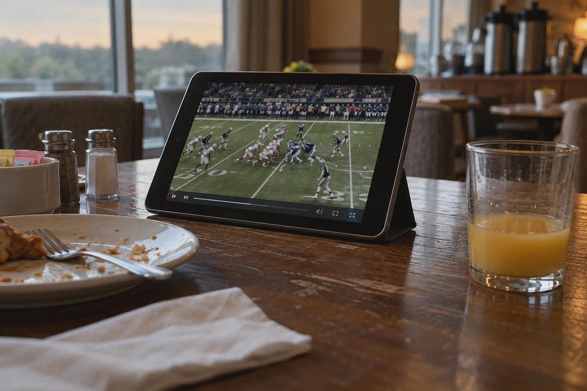 Tablet showing a live football broadcast on a breakfast table.