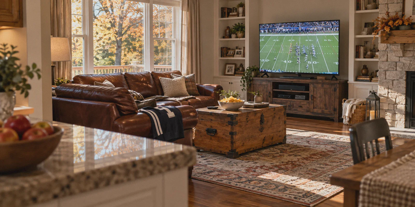 American football broadcast in a living room on an autumn afternoon