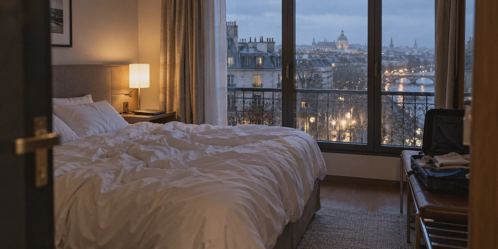 A hotel room with luggage and a laptop after arrival.