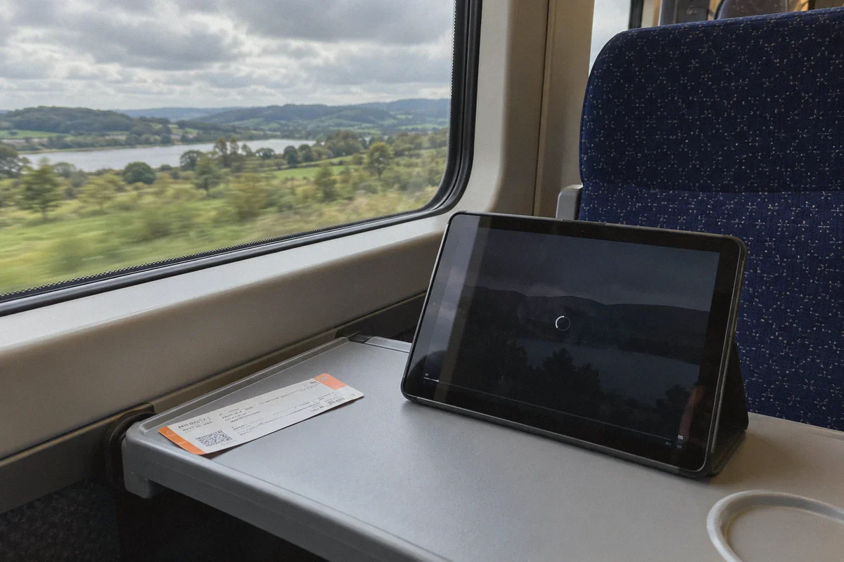 A streaming tablet on a train tray table.