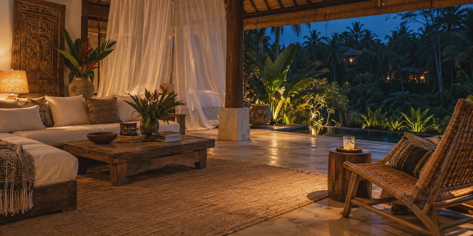 Open-sided Bali villa sitting room at night.