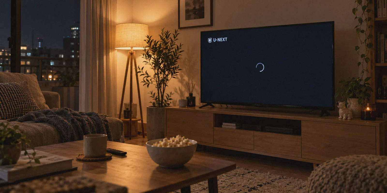 A dark U-NEXT player on a living-room television beside popcorn.