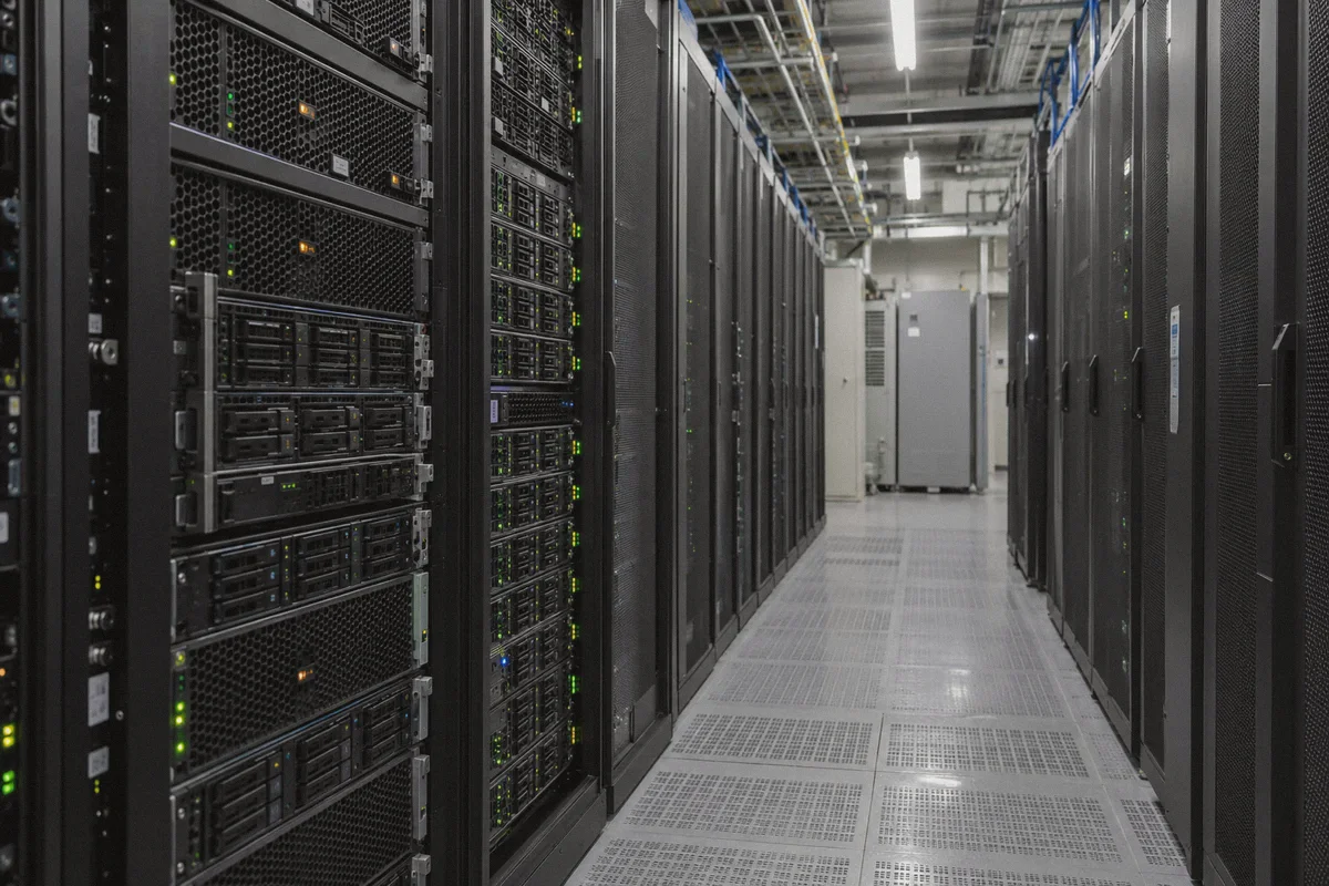 Server equipment in a data-center aisle.