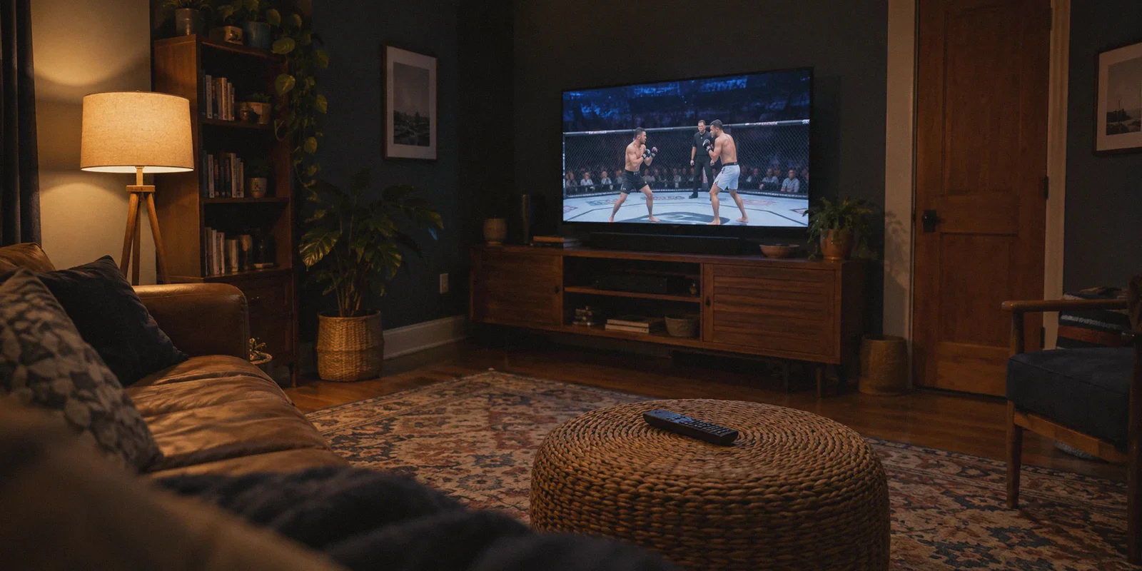 Television showing a mixed martial arts event in a home den.