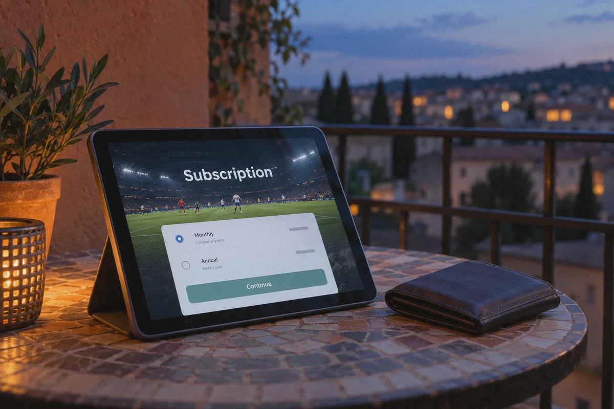 Sports subscription checkout on a tablet.