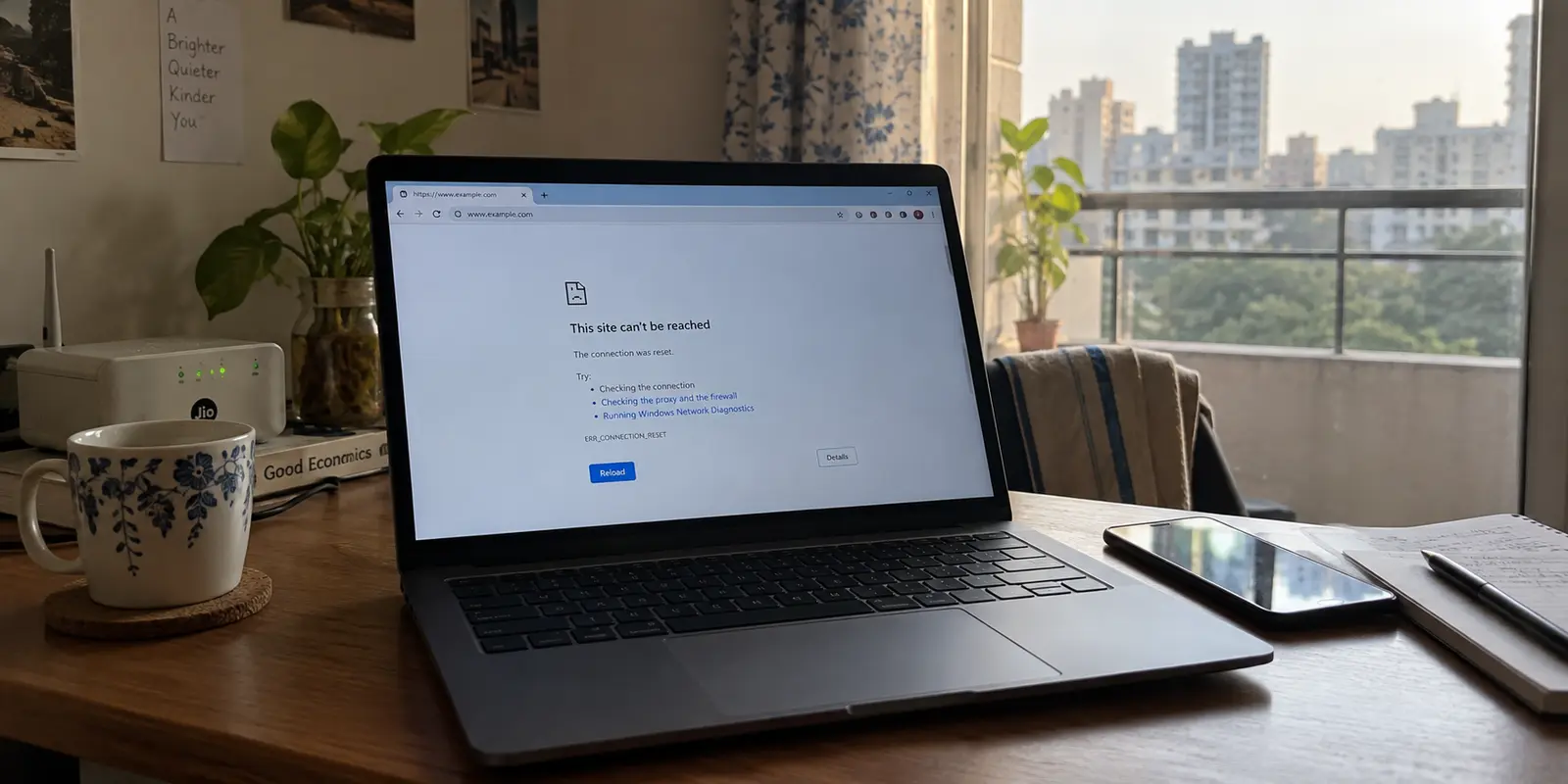A laptop in an Indian apartment displaying a website connection reset error