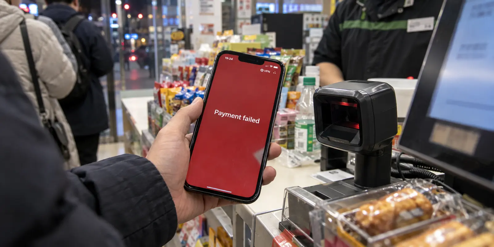 Phone displays a failed payment beside a convenience-store checkout scanner