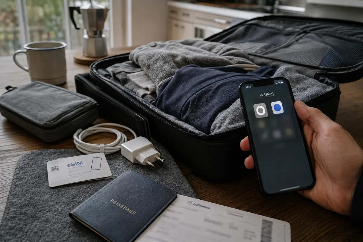 Zwei bereits installierte VPN-Apps auf einem Smartphone zwischen Reisepass, eSIM und gepacktem Koffer