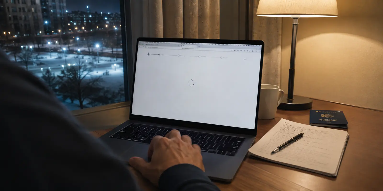 Ein Laptop in einem Hotel in Minsk lädt eine Flugbuchungsseite nicht