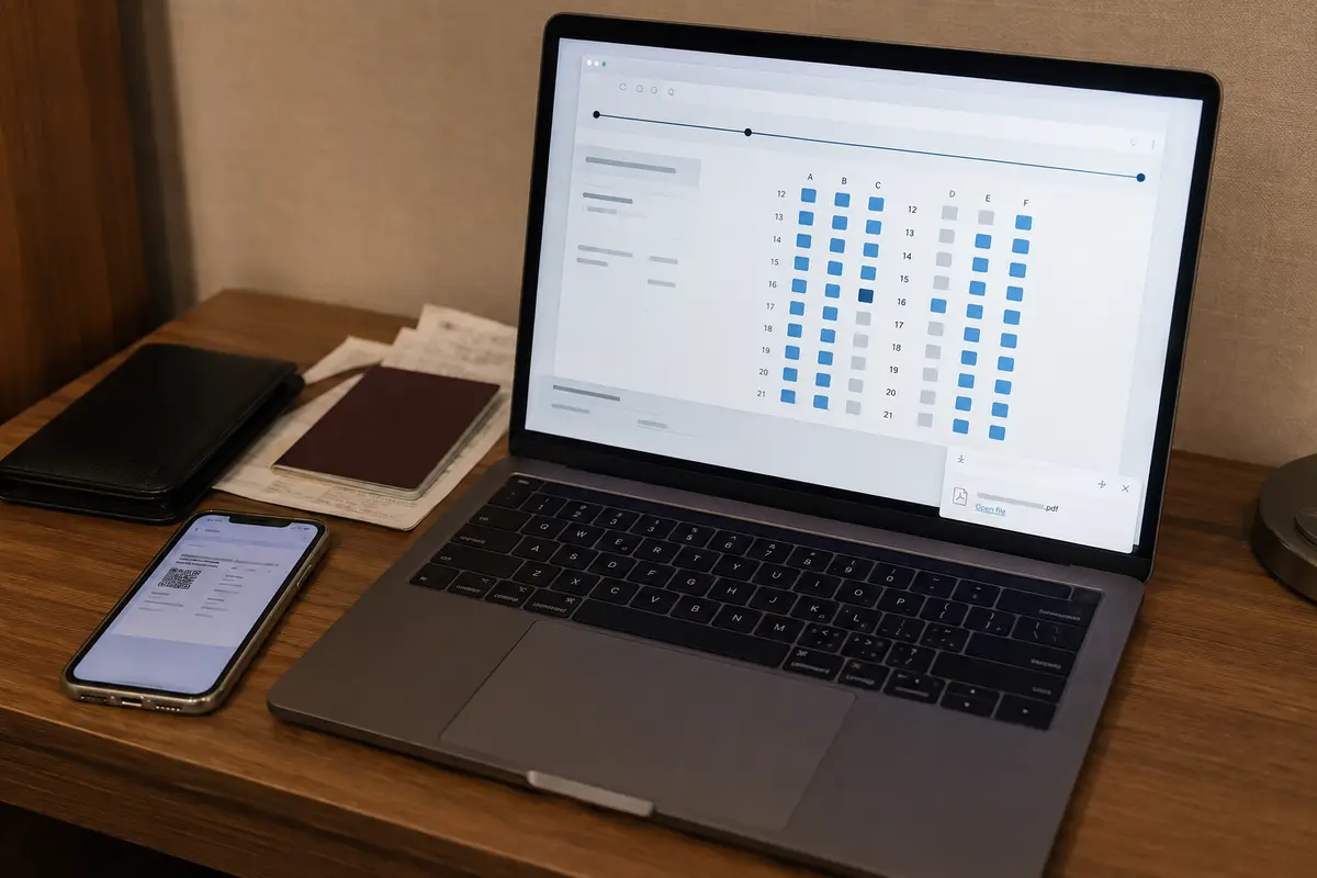 Sitzplatzwahl und heruntergeladene Buchungsbestätigung auf Laptop und Smartphone