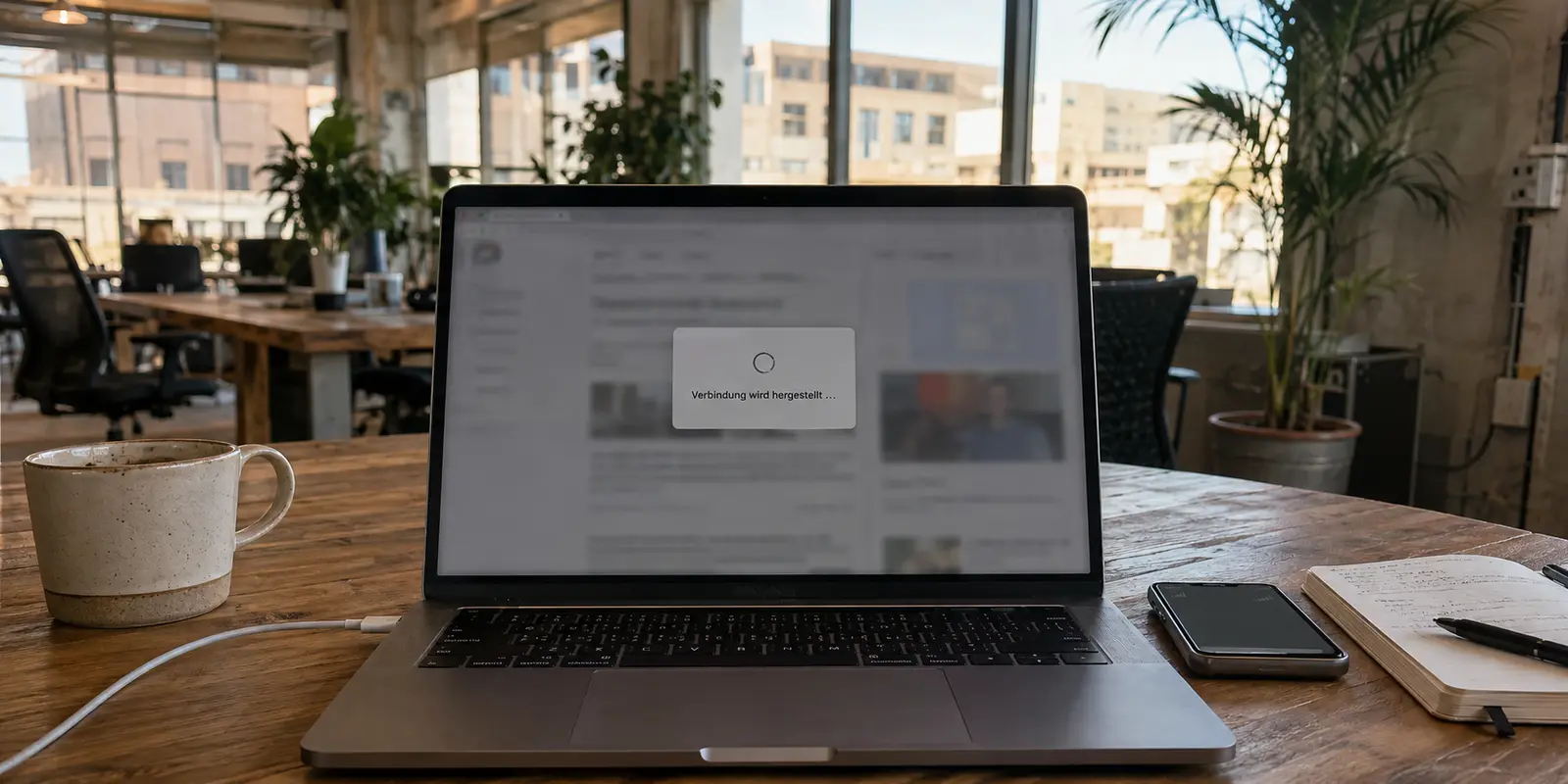 Laptop in einem Coworking-Space in Dubai, dessen VPN-Verbindung beim Herstellen hängen bleibt