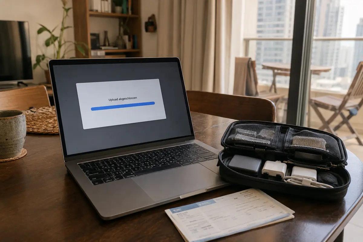 Laptop in einem Apartment in Dubai nach abgeschlossenem Datei-Upload neben vorbereitetem Reisezubehör