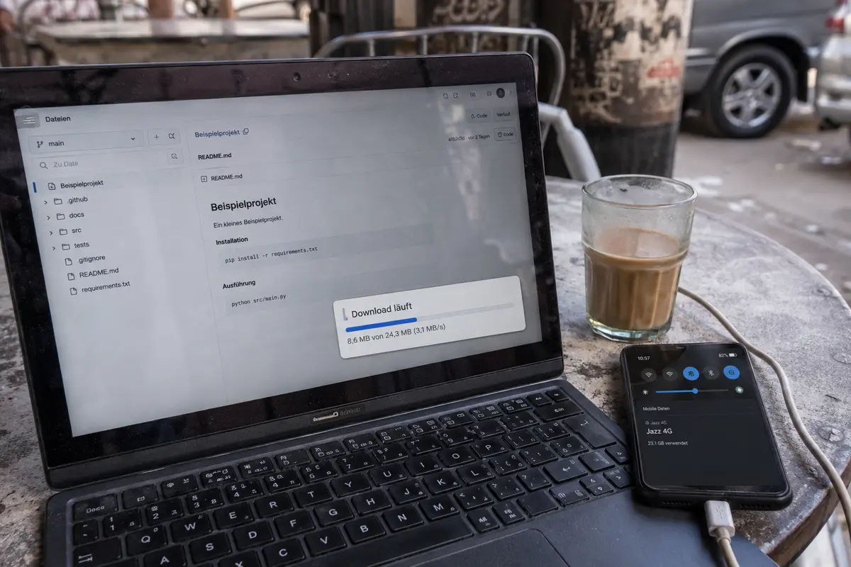 Ein Dateidownload läuft auf einem Laptop über den mobilen Hotspot einer pakistanischen SIM