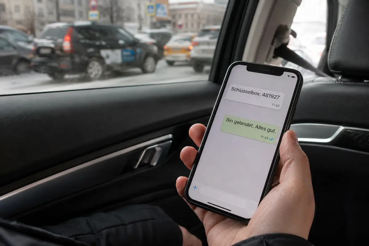 Im Taxi ist die Nachricht mit dem Schlüsselbox-Code auf dem Telefon angekommen