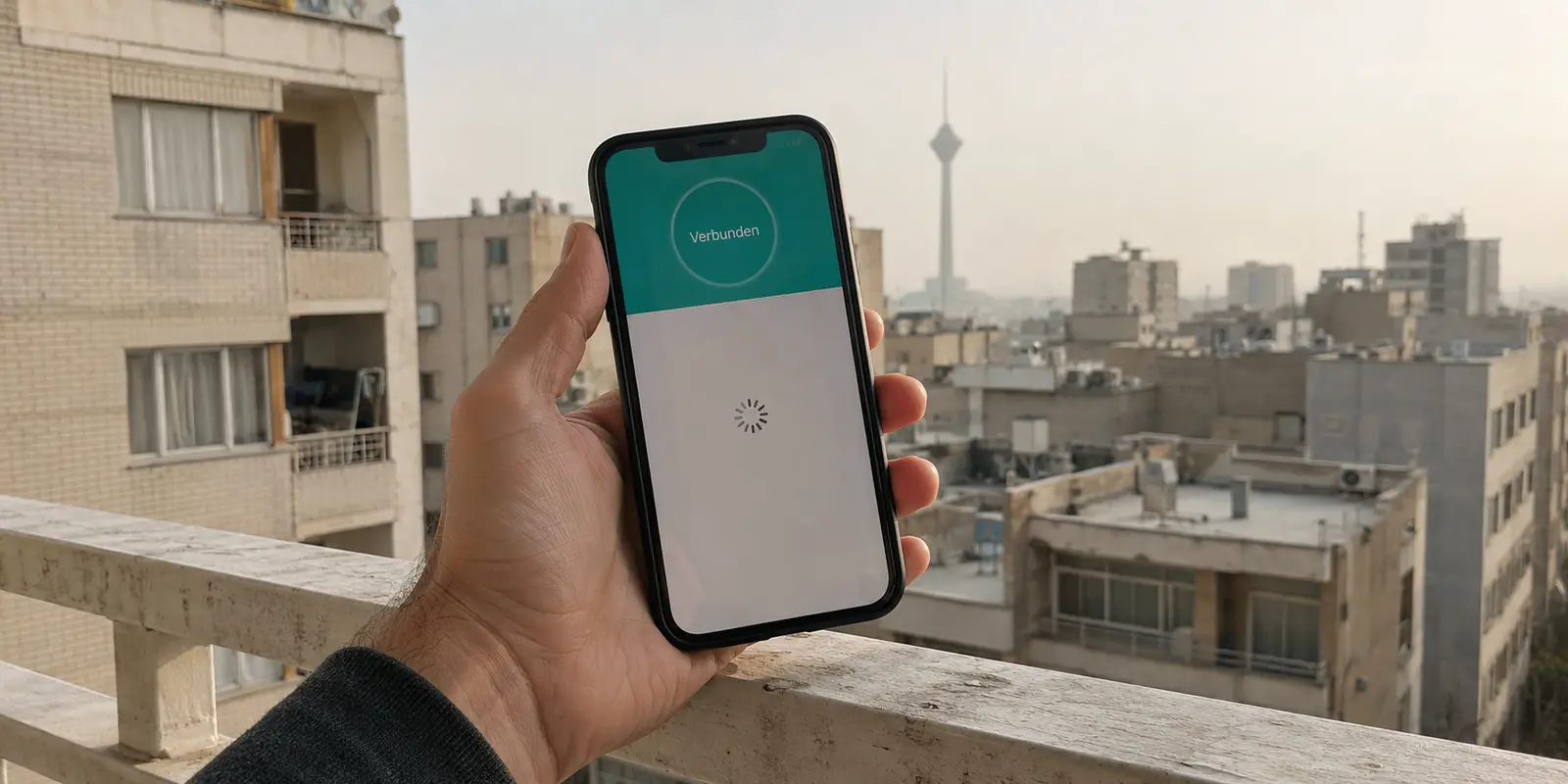 Ein Telefon meldet in Teheran eine VPN-Verbindung, während der gewünschte Dienst weiter lädt.