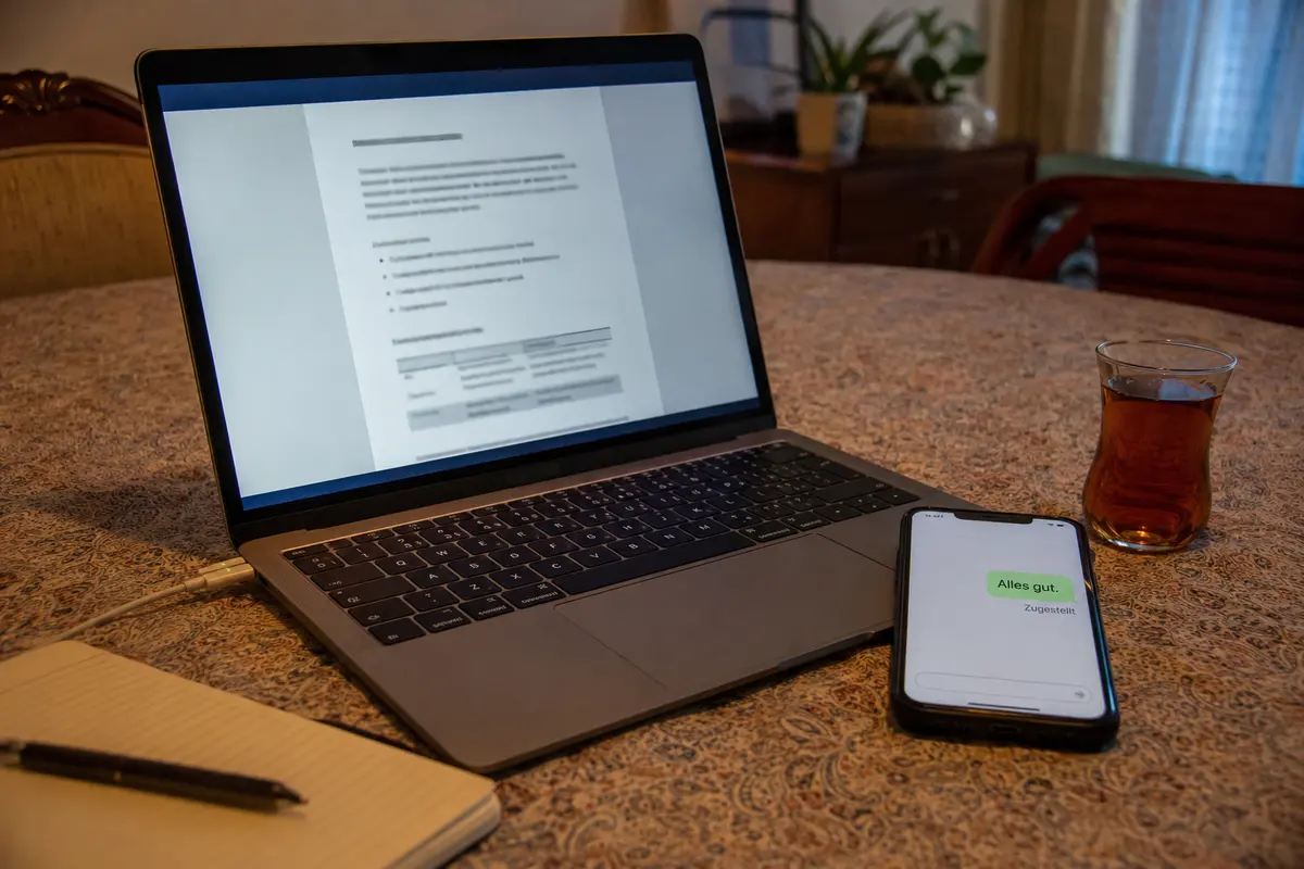 Das Arbeitsdokument ist geladen und eine kurze Nachricht auf dem Telefon wurde zugestellt.