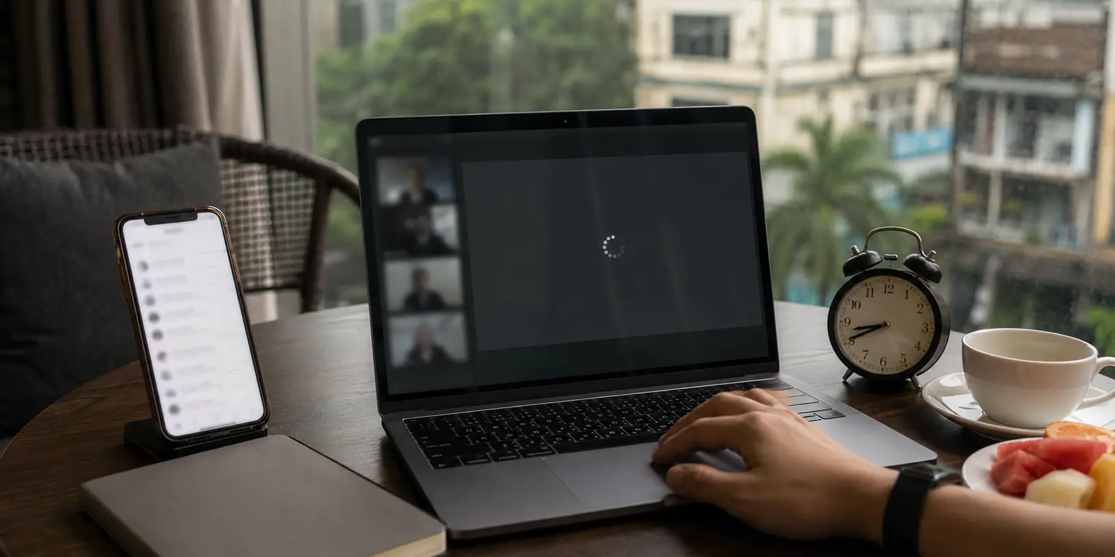 Das Smartphone empfängt Nachrichten, während das Meeting auf dem Laptop nicht lädt