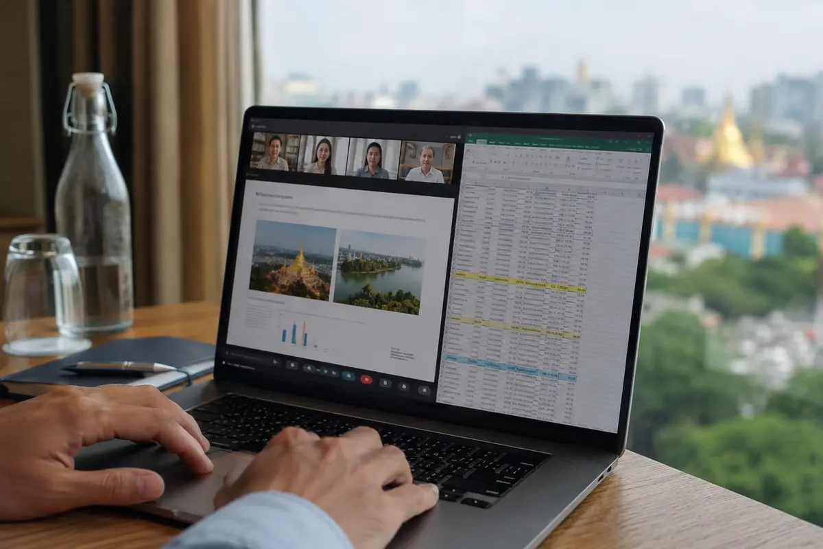 Videokonferenz, geteilte Folien und Projekttabelle laufen auf dem benötigten Laptop