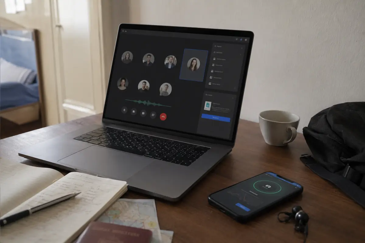 Laptop und Smartphone sind nach dem vereinfachten Verbindungsaufbau für den Projekt-Call bereit.