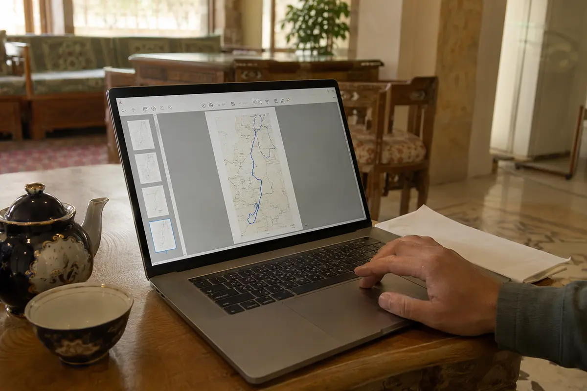 Vollständig geladene Reiserouten-PDF auf einem Laptop am nächsten Morgen
