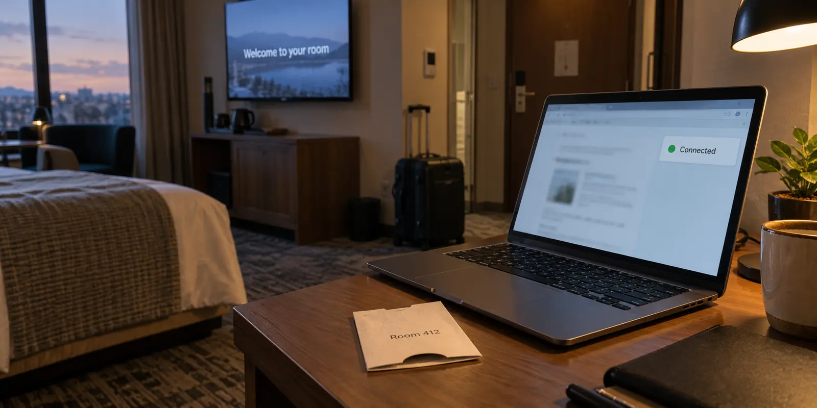 Hotel room key sleeve sits beside a laptop with an active VPN connection