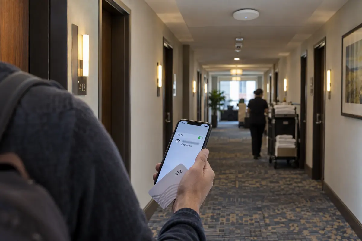 Traveler checks a connected phone beneath a hotel corridor Wi-Fi access point