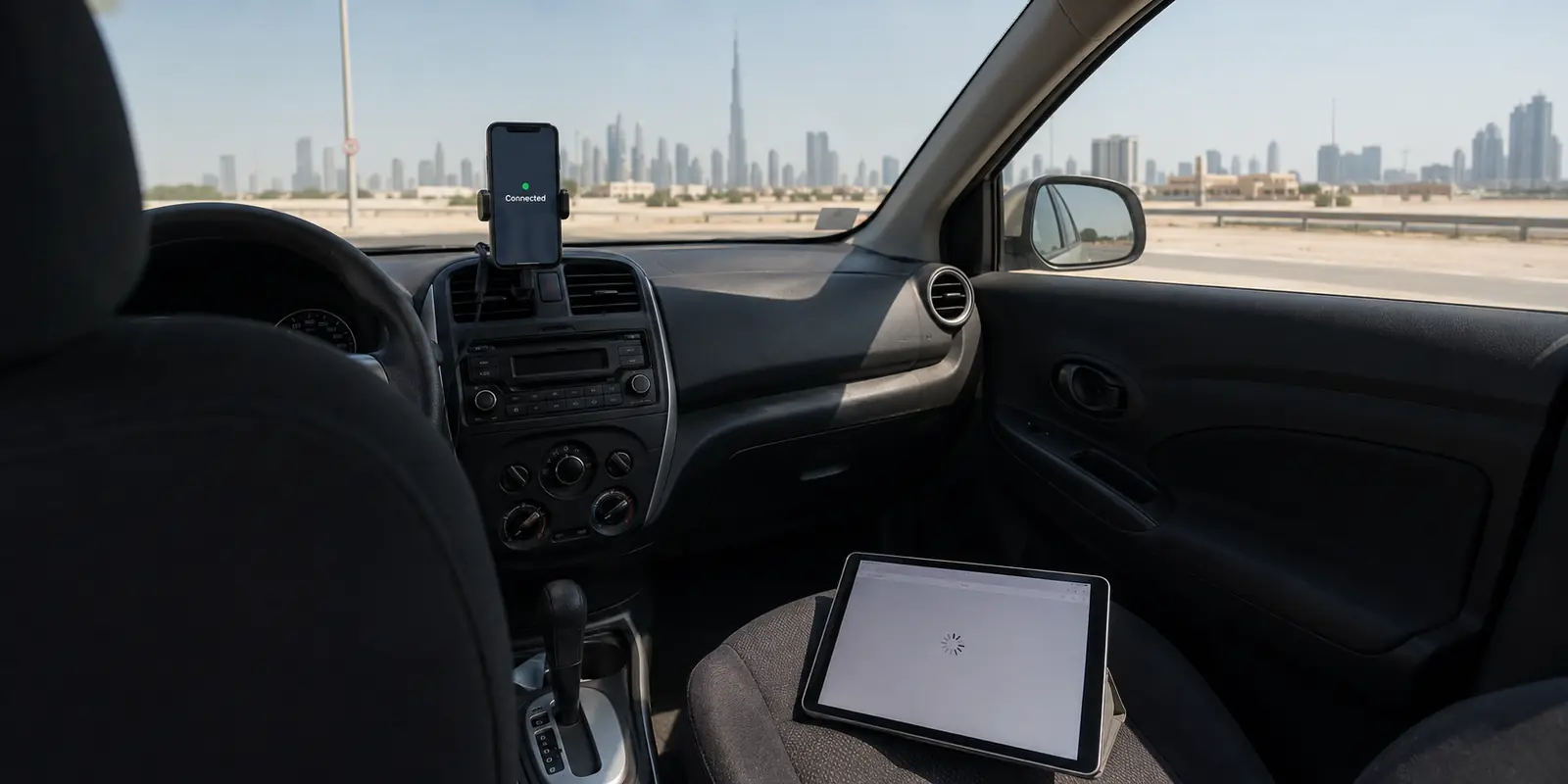 A connected VPN phone and a stalled tablet inside a rental car overlooking Dubai