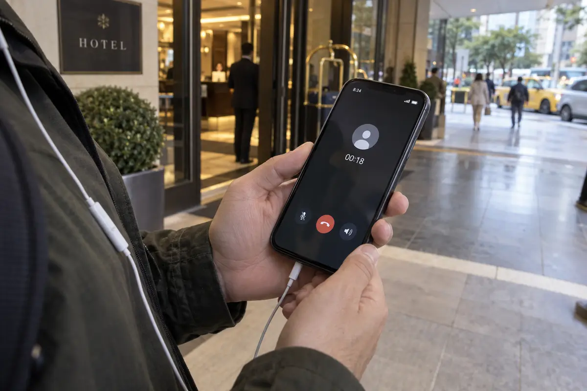 Internet voice call is active over cellular service outside a hotel entrance