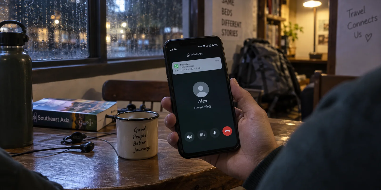 A WhatsApp voice call remains stuck on Connecting while messages and the VPN are active.