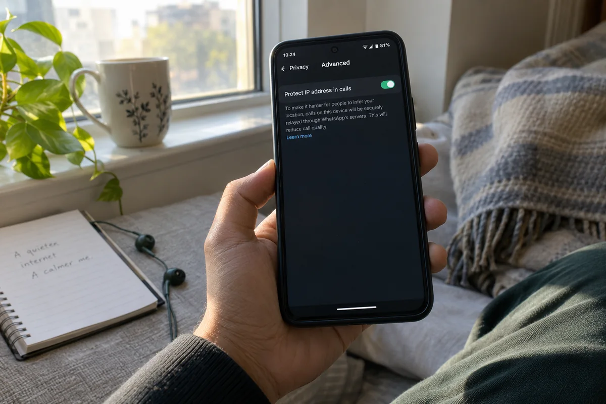 WhatsApp Advanced Privacy settings with Protect IP address in calls enabled.