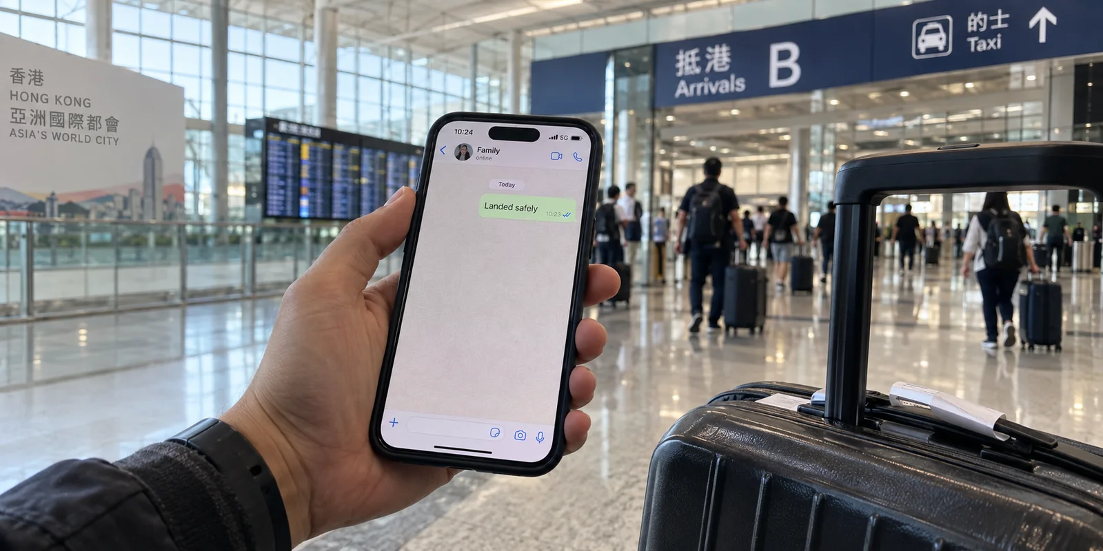 A WhatsApp message is delivered normally after arrival at Hong Kong airport.