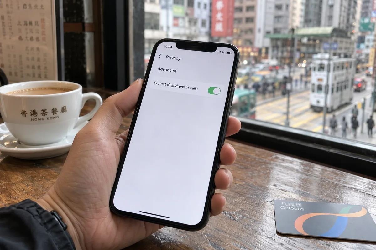 The Protect IP address in calls setting is enabled on a phone in a Hong Kong café.
