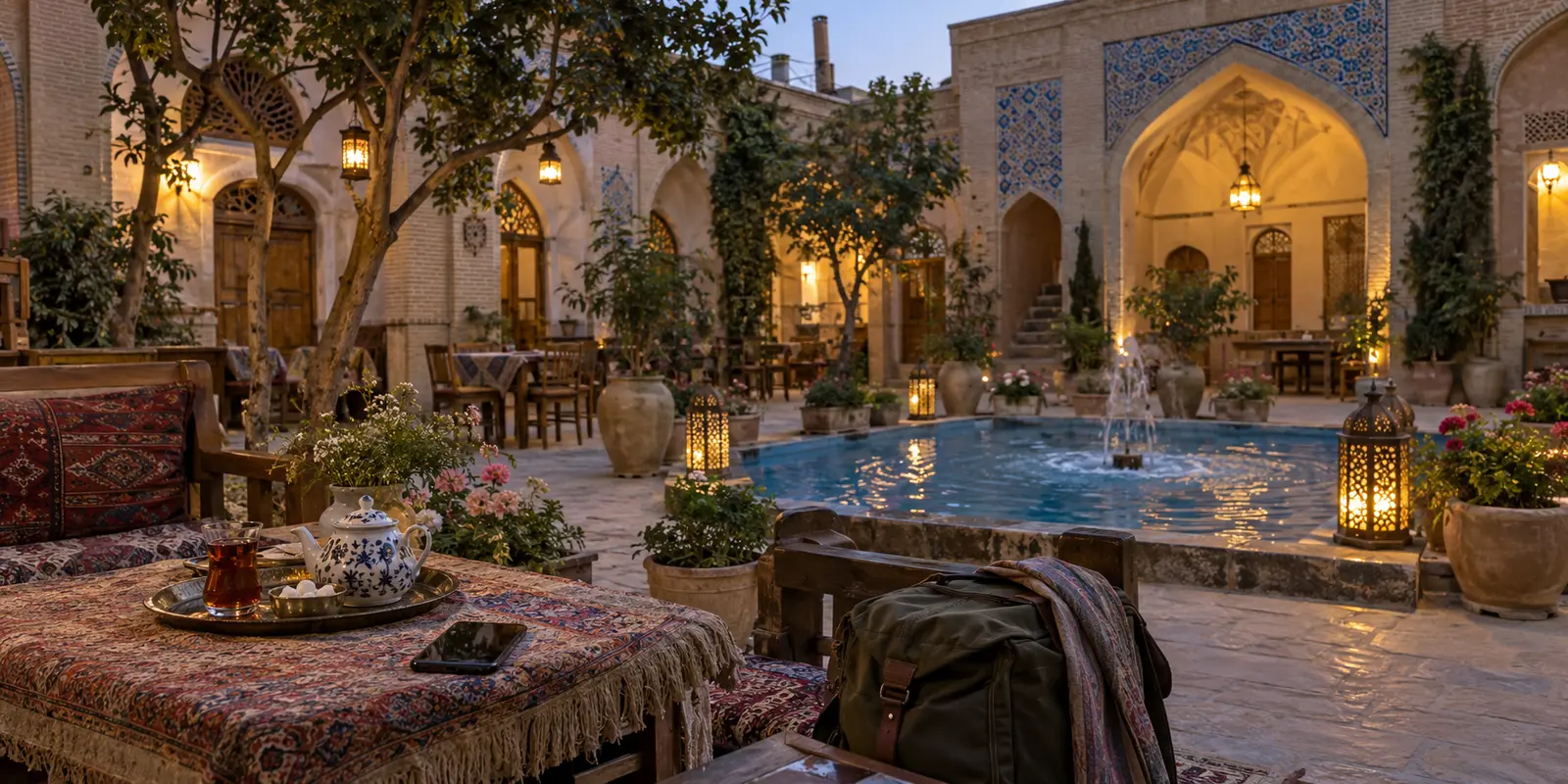 A phone and travel bag in a traditional Iranian guesthouse courtyard