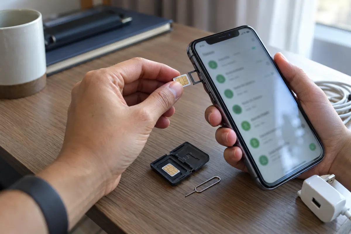 A traveler inserts a local data SIM while keeping the home SIM safe