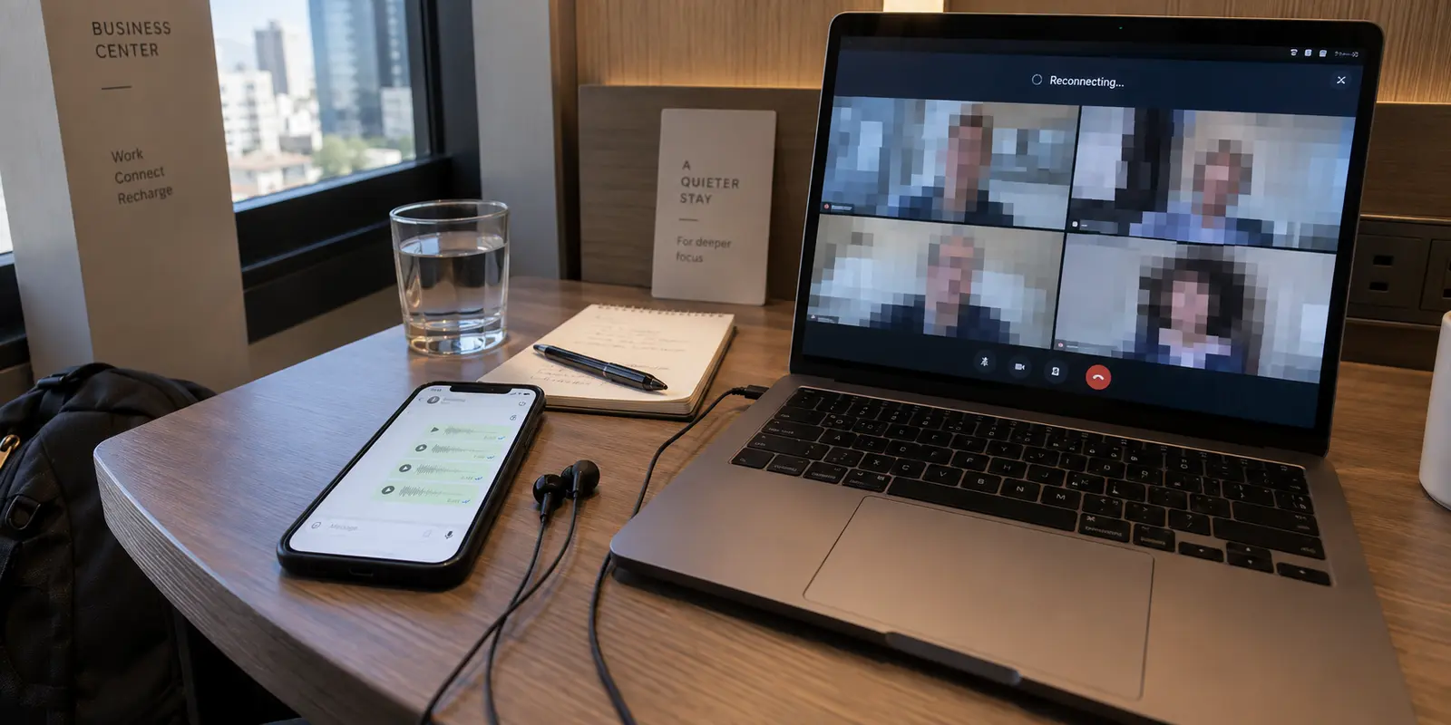 Voice messages send on a phone while a work meeting on a laptop reconnects with blocky video