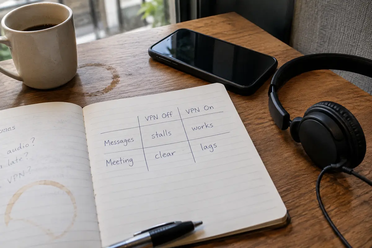 Handwritten comparison records message and meeting results with the VPN on and off