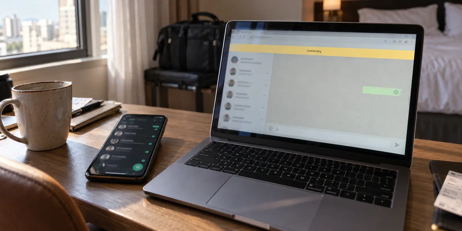 A hotel-desk laptop stuck on Connecting while messages continue to arrive normally on the phone beside it