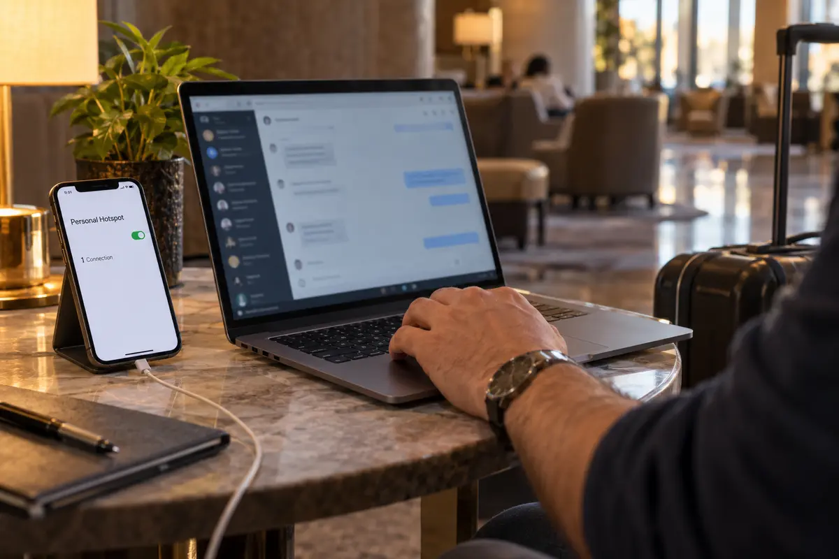 A laptop messaging session working through a phone's personal hotspot in a hotel lobby
