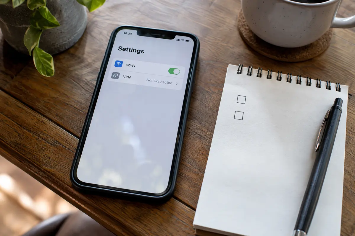 A phone stays on Wi-Fi while its VPN status is Not Connected for a controlled test
