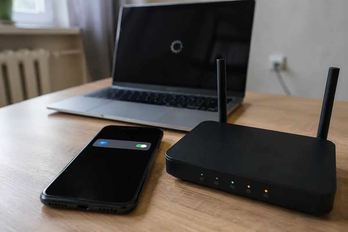 A phone hotspot and apartment router beside a laptop with an unfinished connection