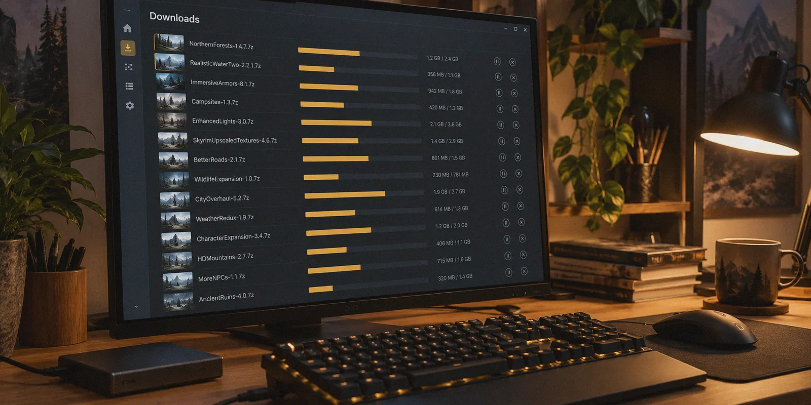 A mod download queue waiting on a desktop monitor.