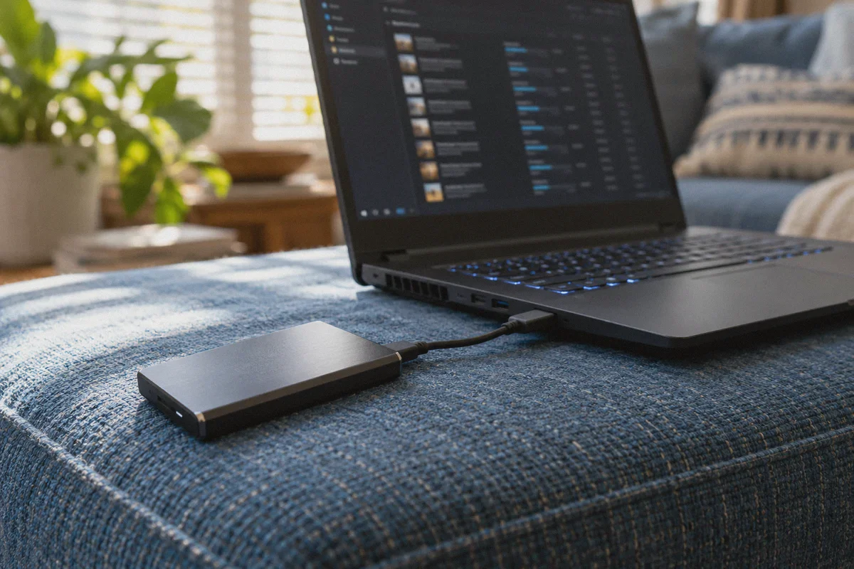 An external drive connected to a laptop for downloaded mod archives.