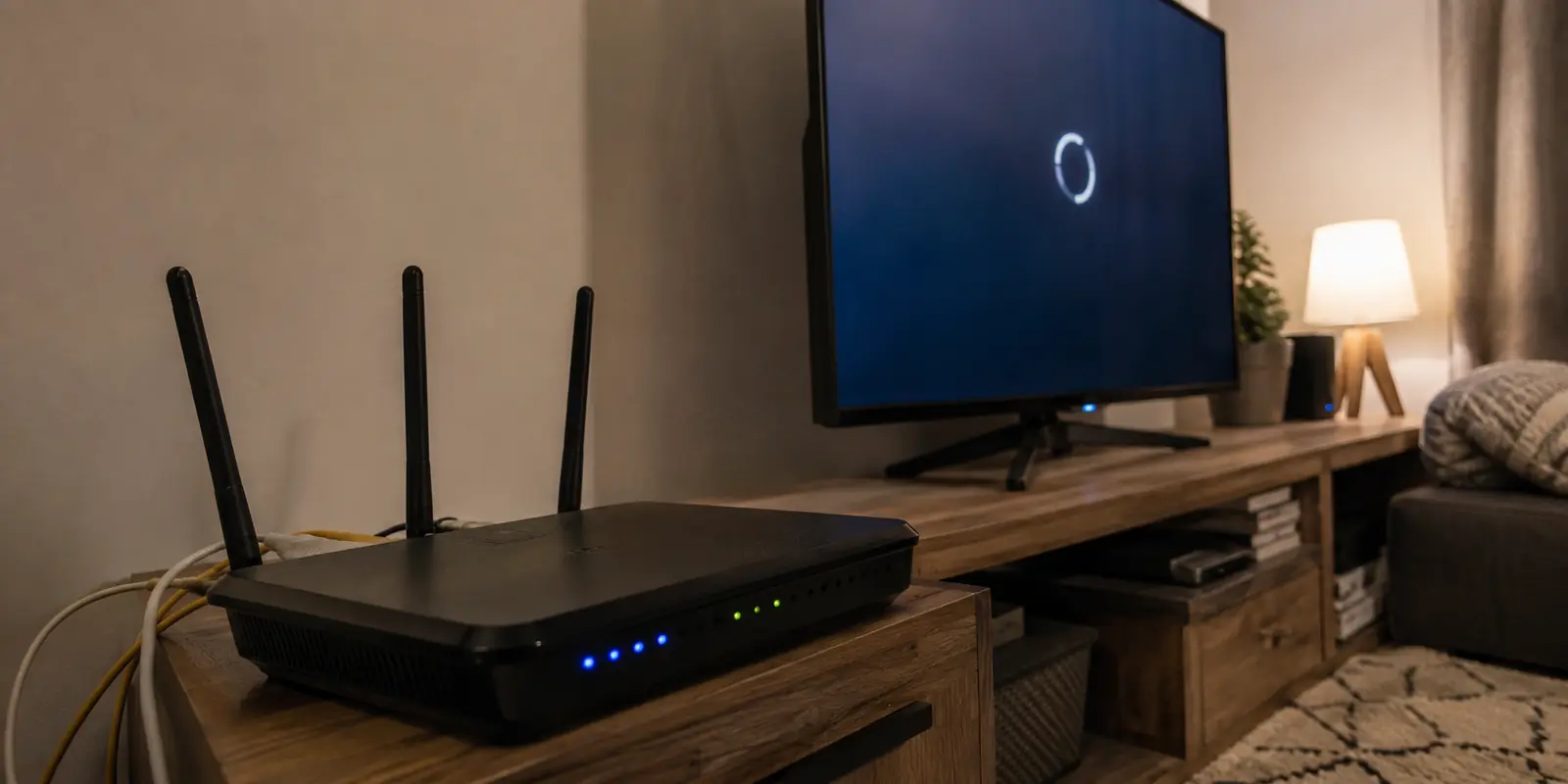 A home Wi-Fi router beside a television paused on a loading screen