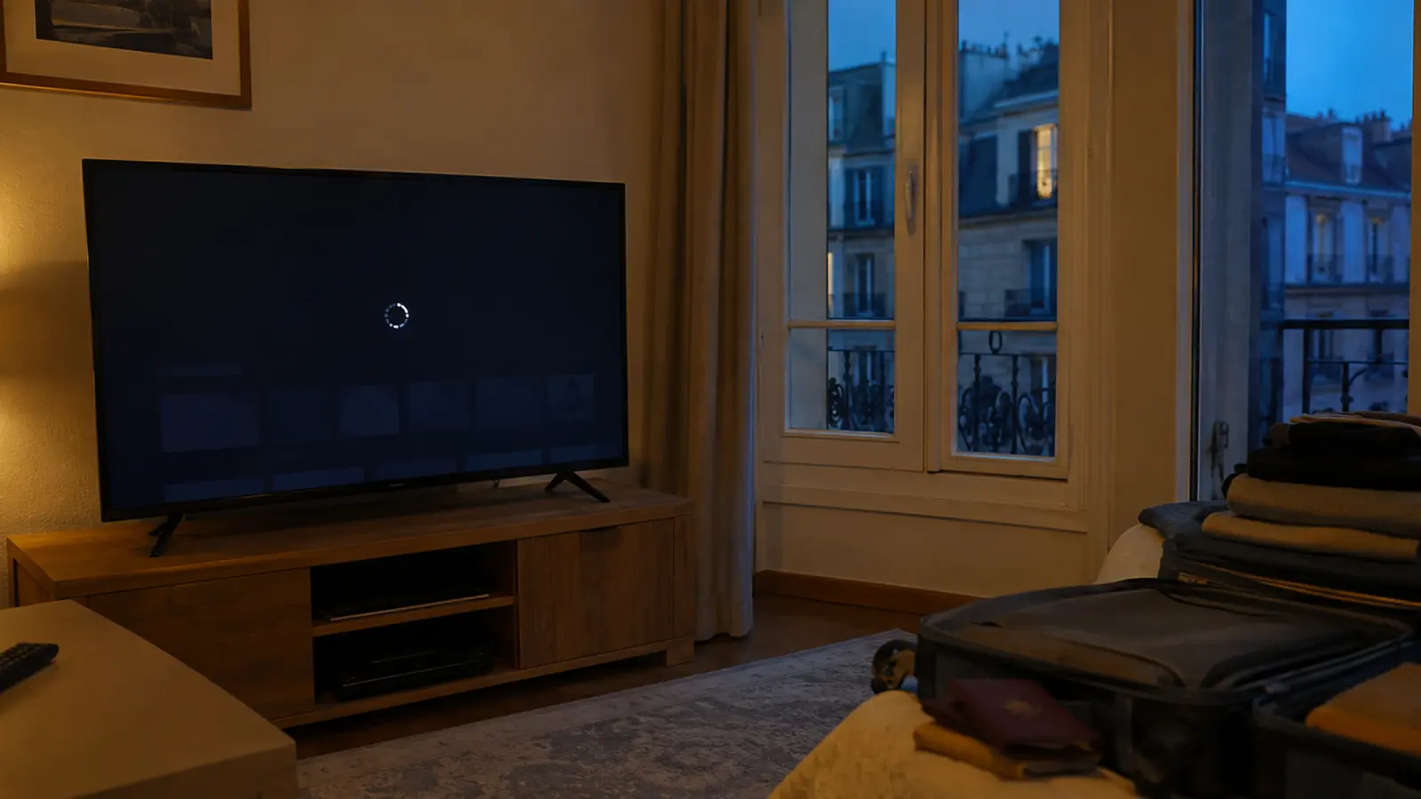A television pauses on a loading screen beside an open suitcase in a rented apartment abroad