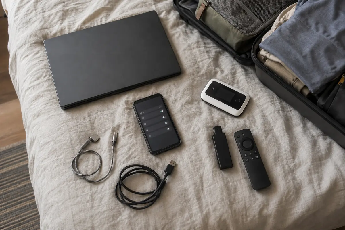 Travel streaming devices, network equipment, and charging cables arranged beside an open carry-on